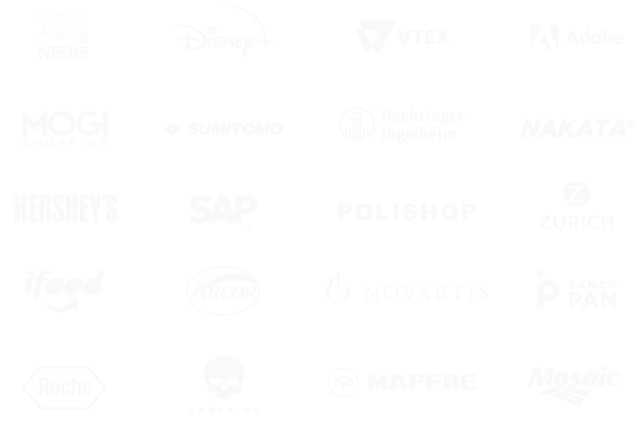 Logos de marcas atendidas, entre elas Nestlé, Disney+, VTEX, Adobe, SAP, Novartis e Mapfre