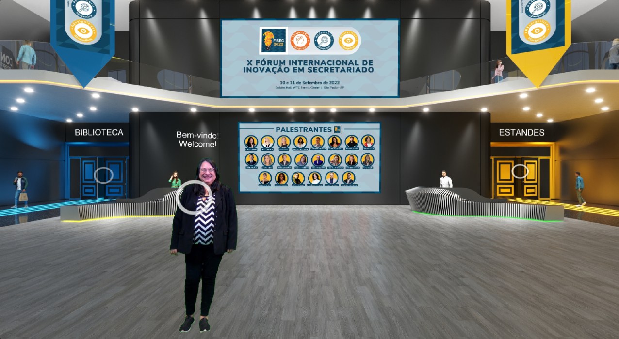 Ambiente virtual 3D com acesso a auditório e estandes