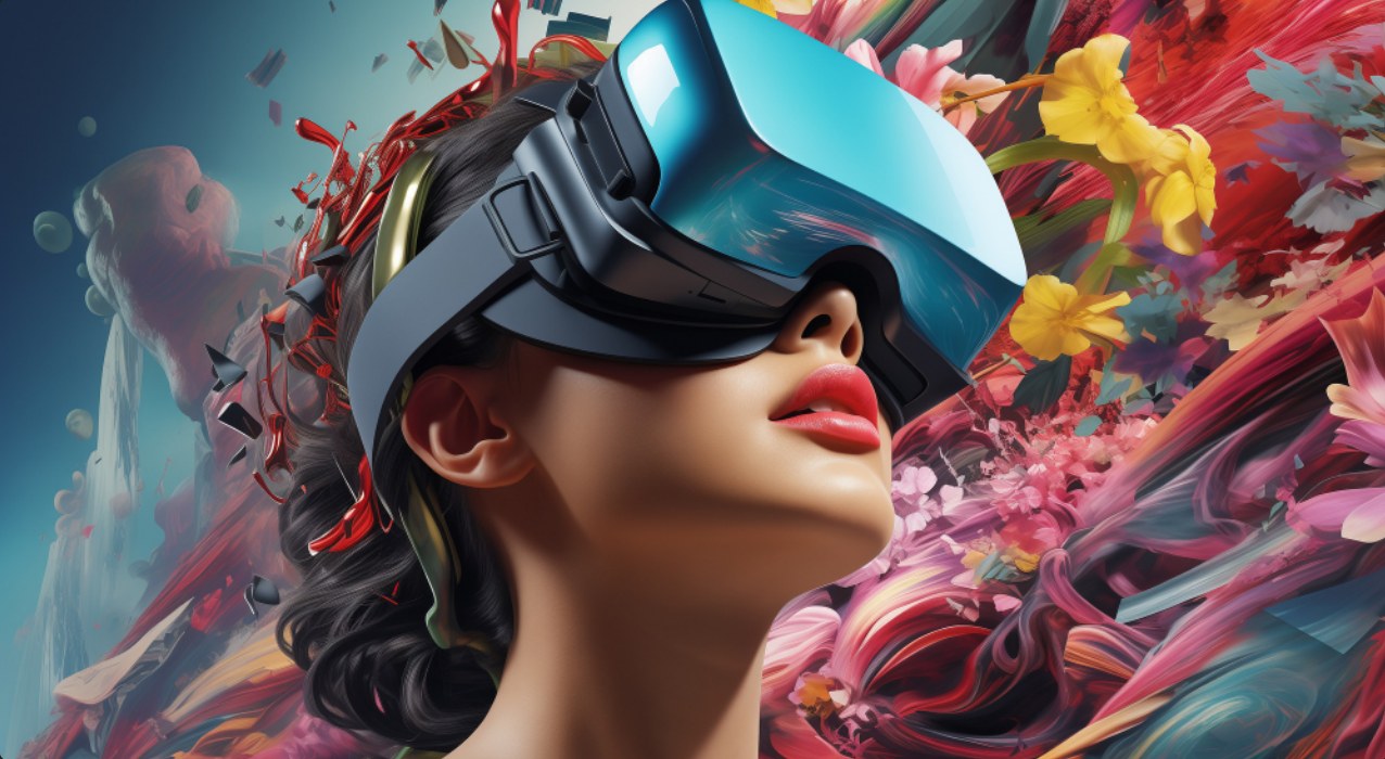 Ilustração de uma experiência imersiva com headset de realidade virtual